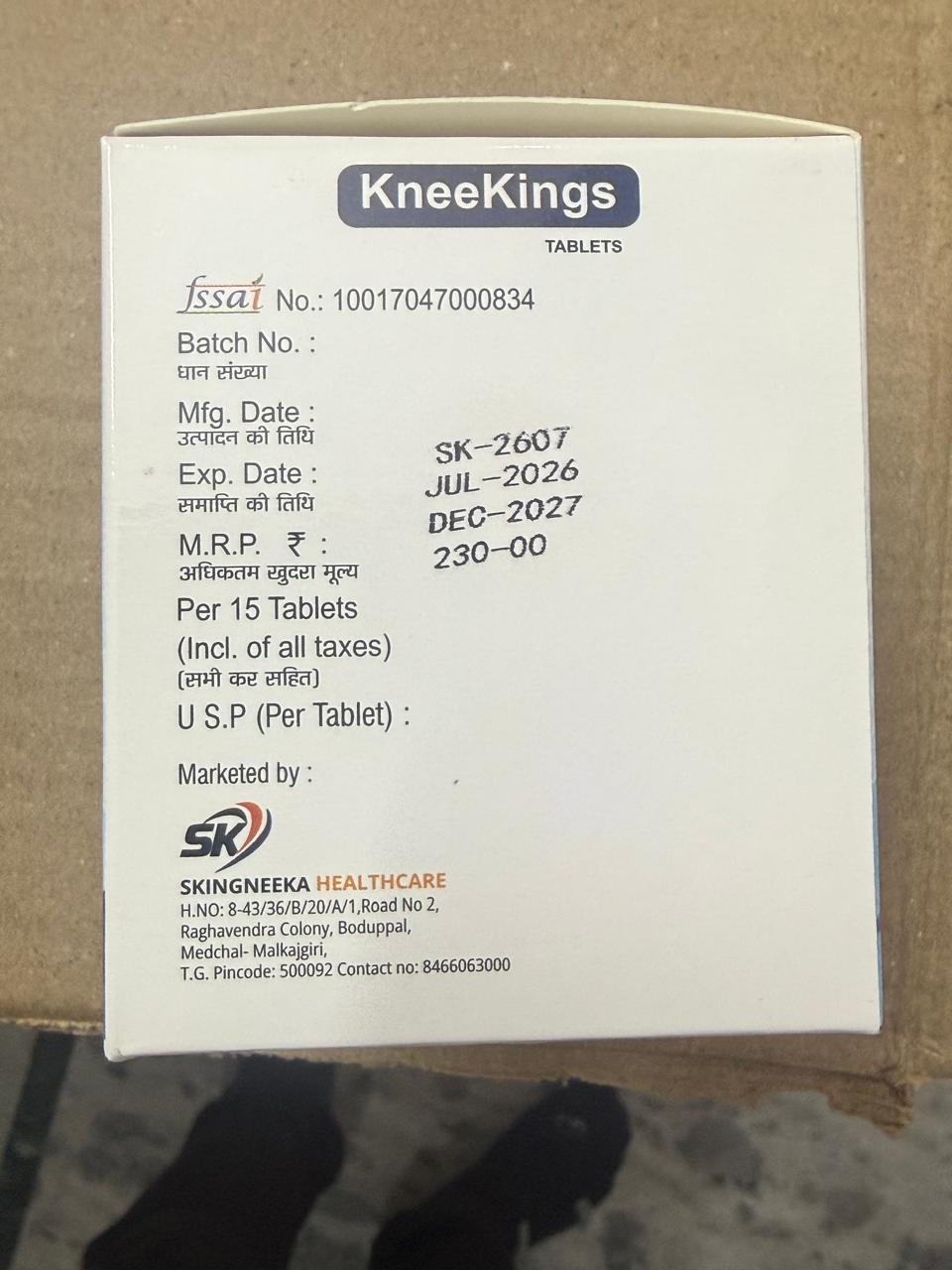 KneeKings MRP and FSSAI details